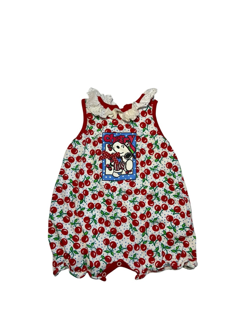 Vintage Snoopy Peanuts Cherries Ruffle Bubble Romper